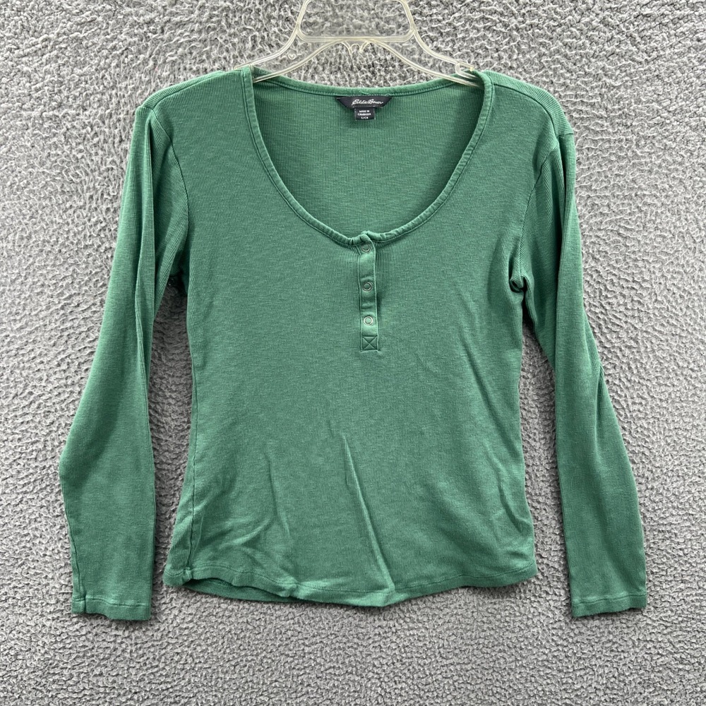 Eddie Bauer Womens Ribbed Henley Top S Green Long Sleeve Outdoor Casual Layering